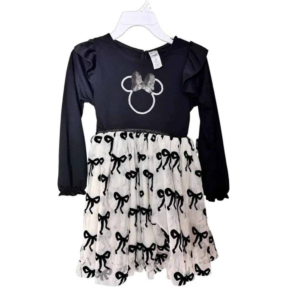 Disney Minnie Mouse Long SLeeve  Black and White Bow Dress Sz 6 NWT